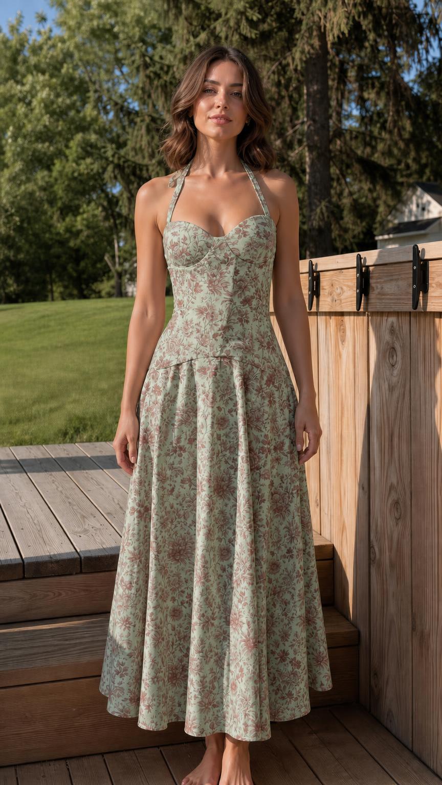 Woman wearing sage green floral halter midi dress