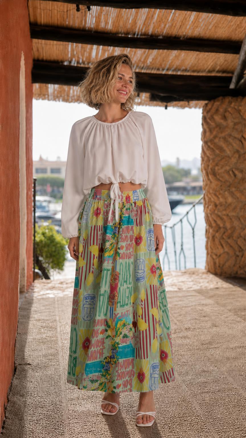 Model wearing white crop top and green multi printed maxi skirt