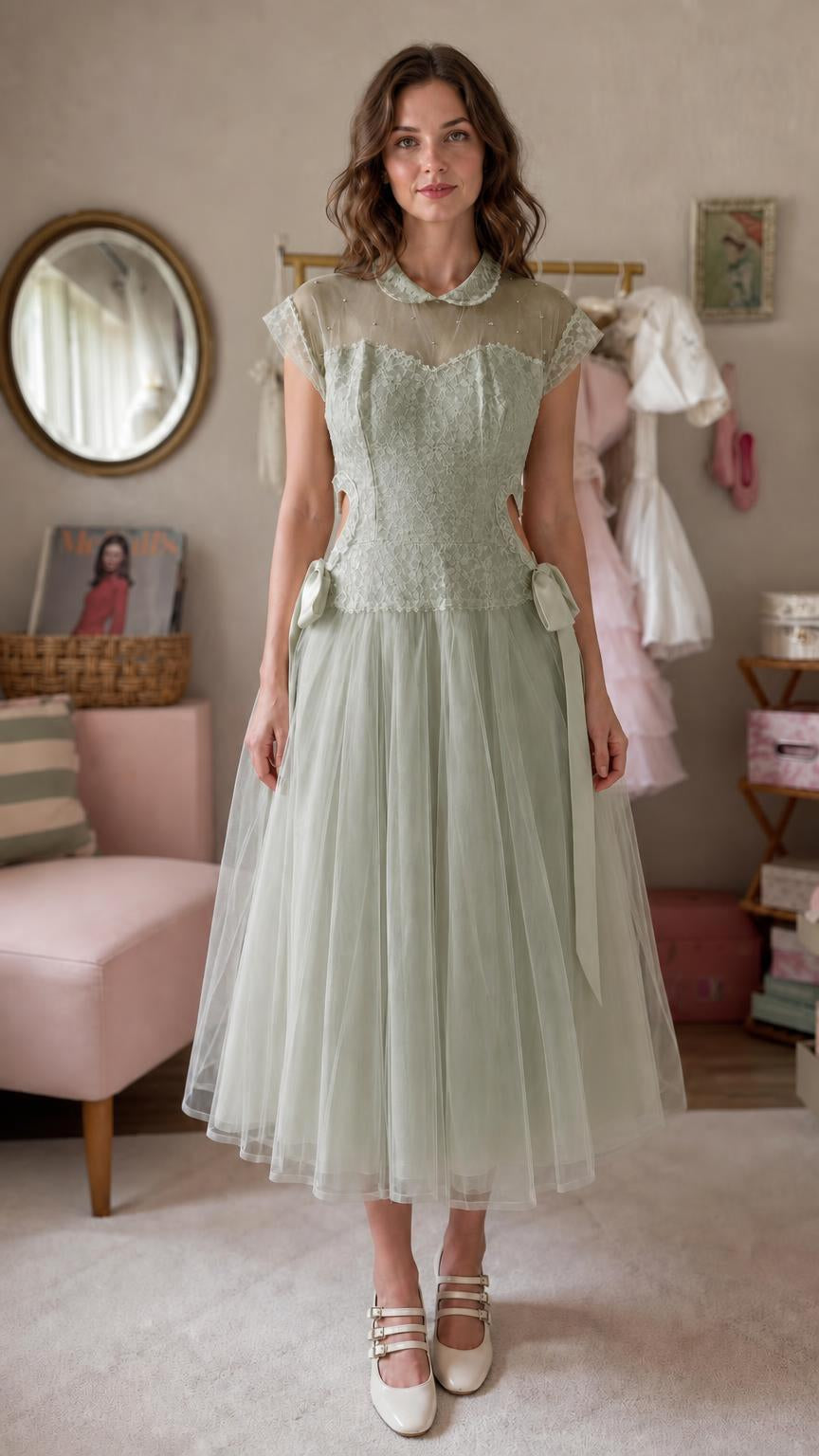 Vintage lace and tulle midi dress in sage