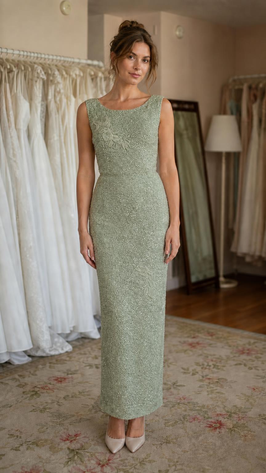 Front view of sage green sequin evening column dress