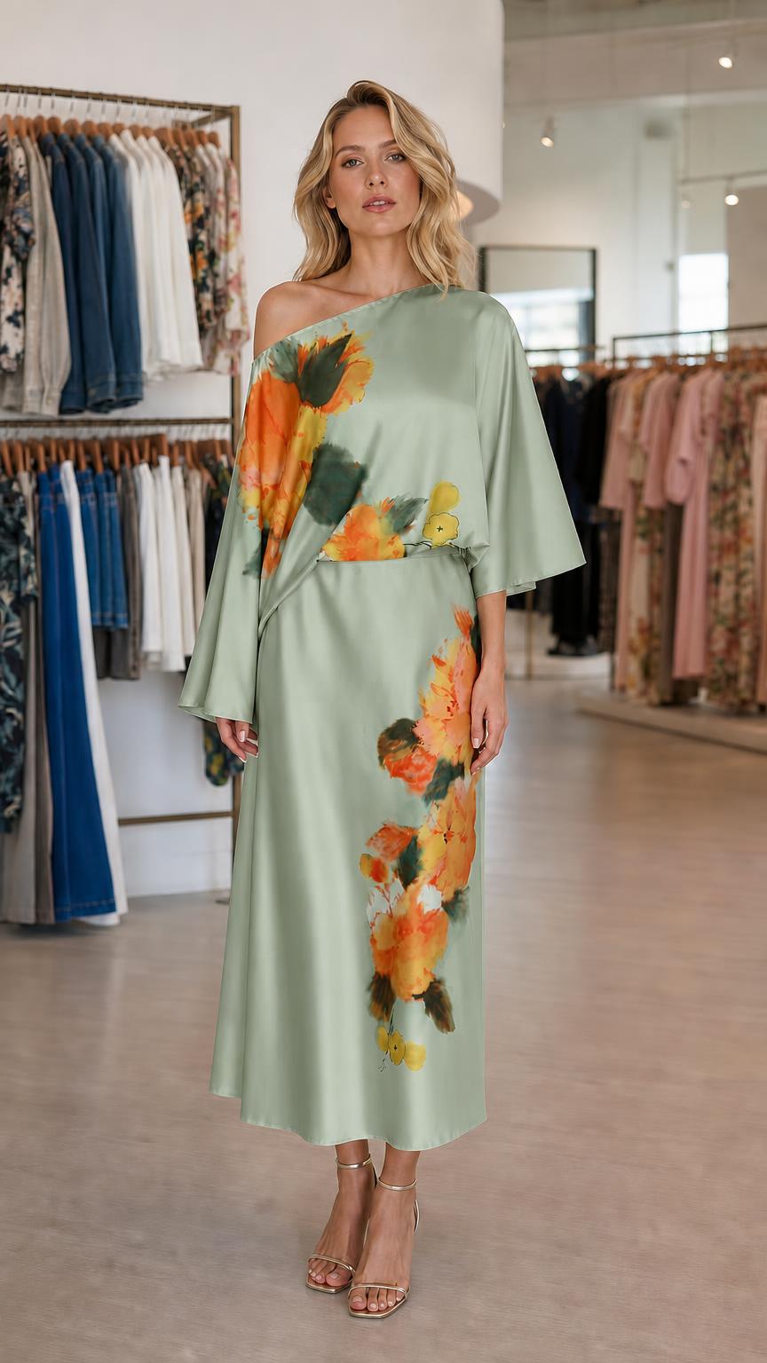 Model wearing sage color variant