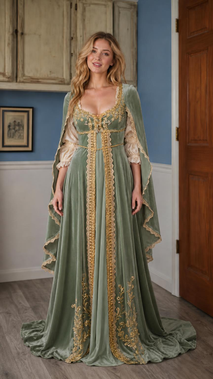 Sage green Renaissance velvet gown with gold trim