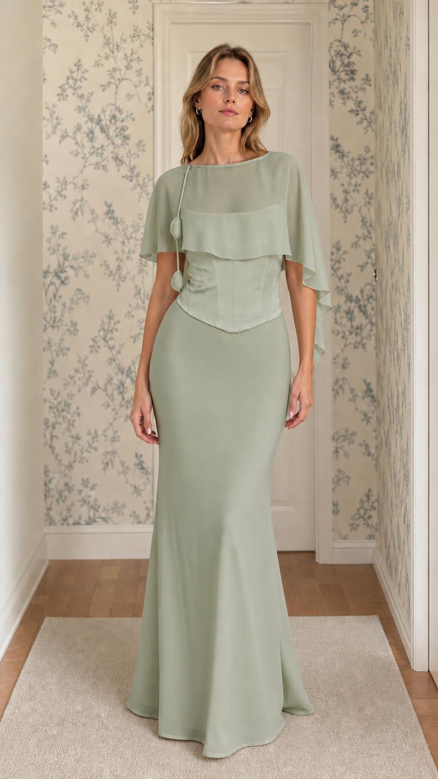 Sage green chiffon overlay evening dress