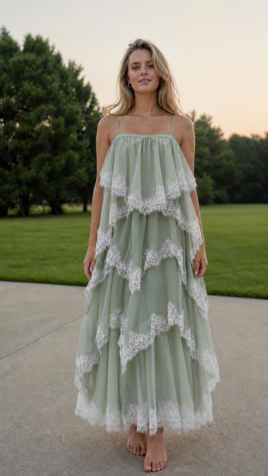 Front view of model wearing sage green tiered tulle maxi dress