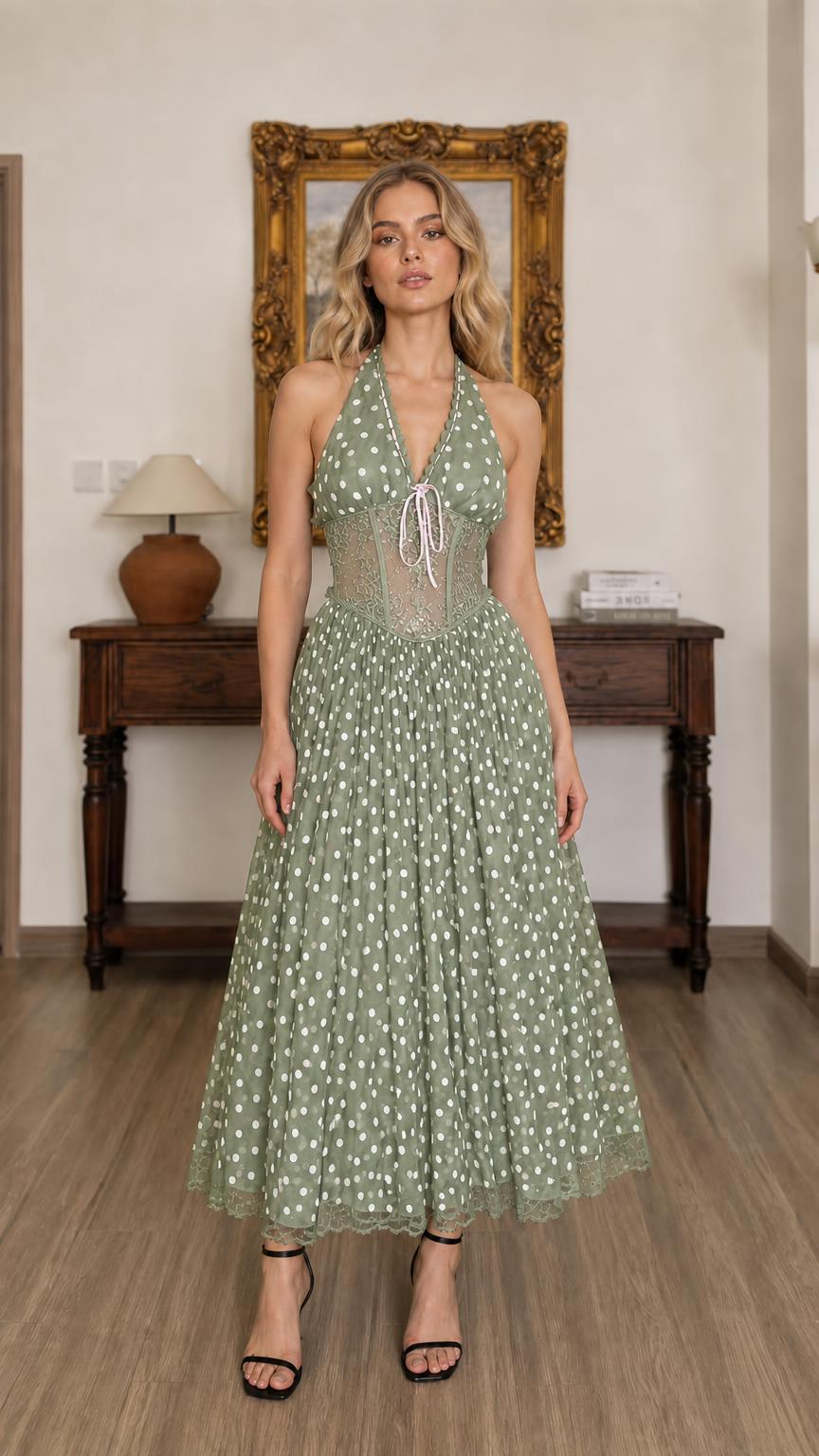 Front full view of sage green polka dot halter midi dress on model