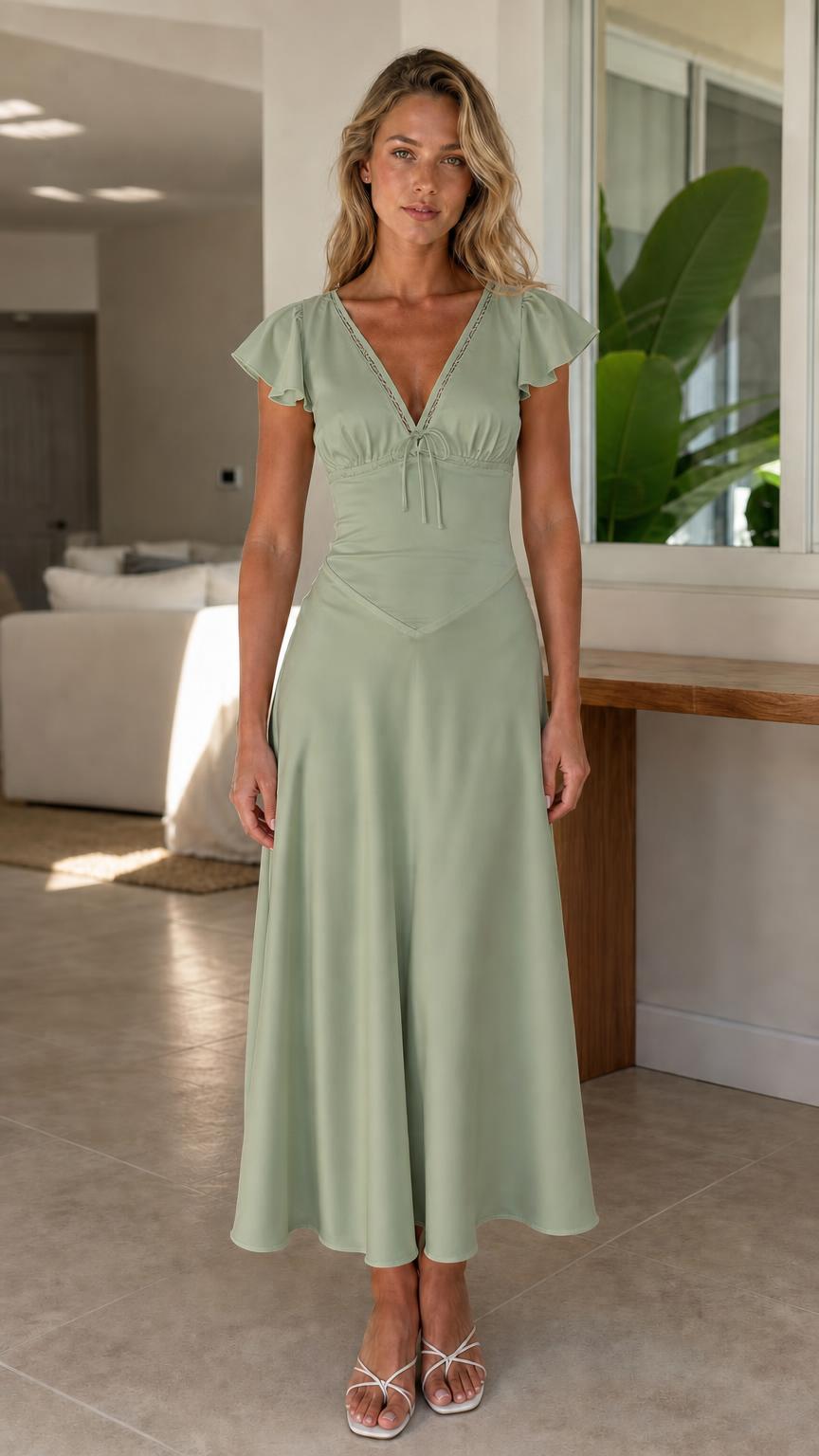 Front view of model wearing sage green midi dress