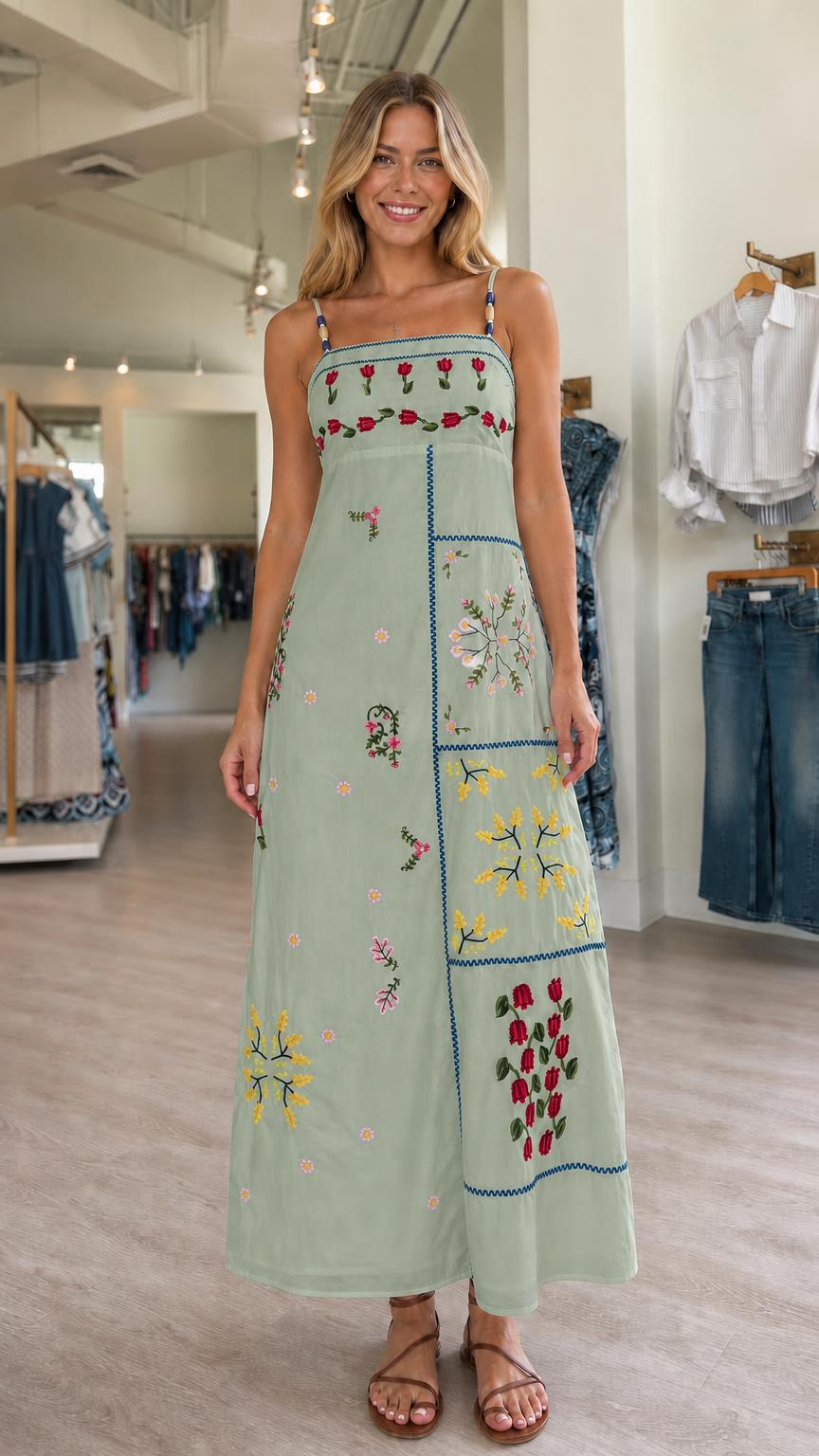 Front view of the sage green floral embroidered maxi dress