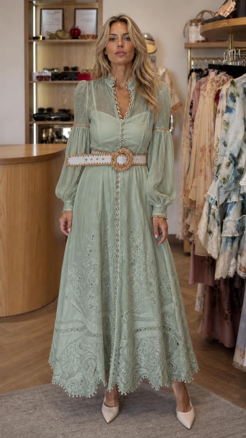 Front view of model wearing sage green long sleeve maxi dress