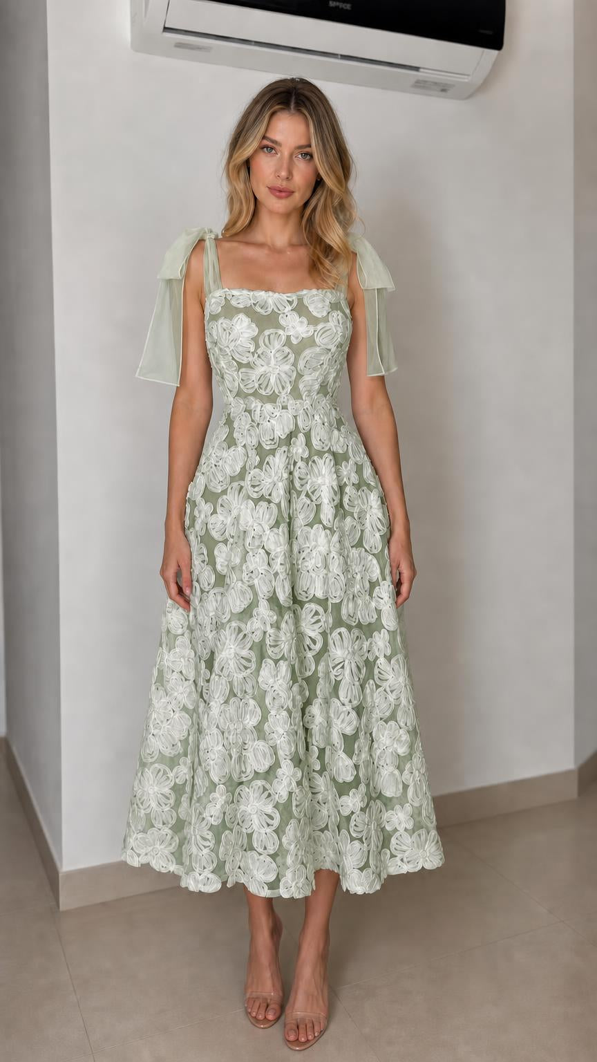 Front view of sage green floral applique midi dress