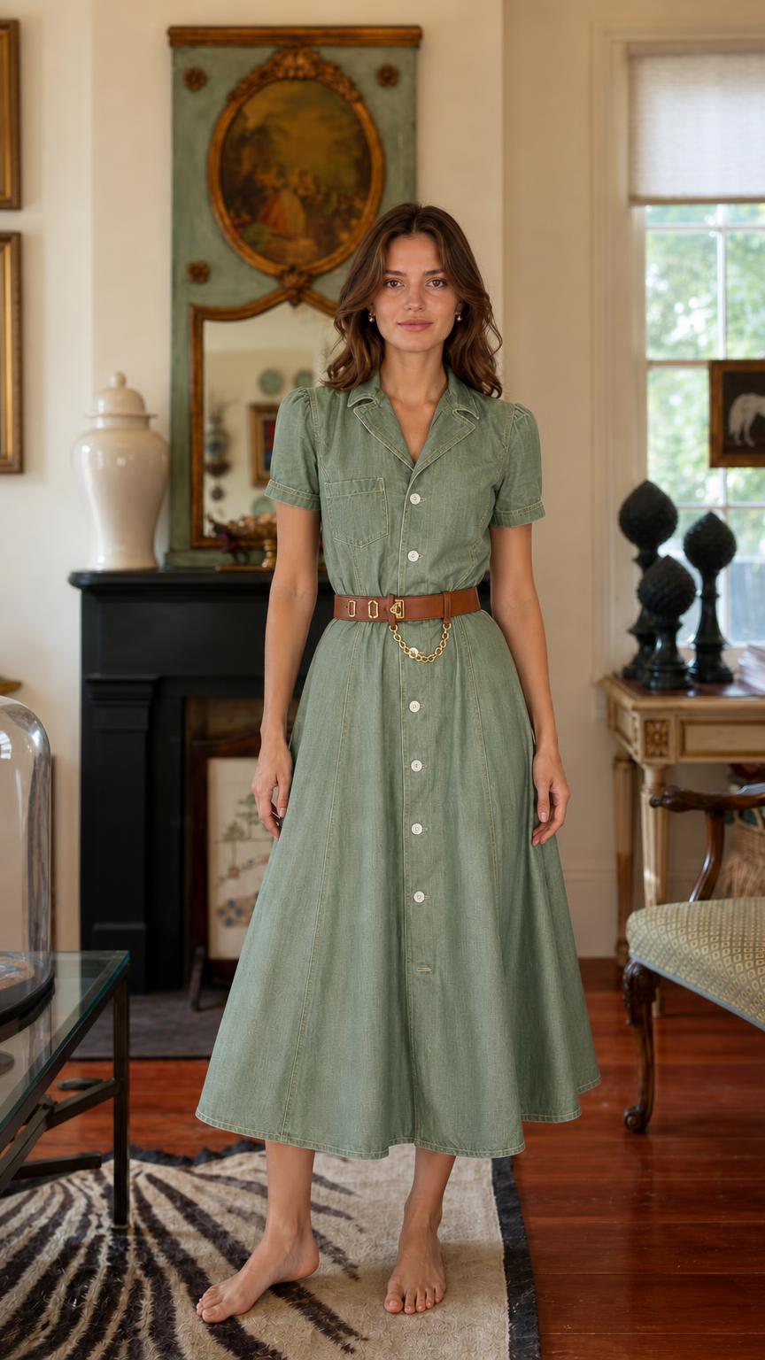 Woman wearing green denim midi shirt dress