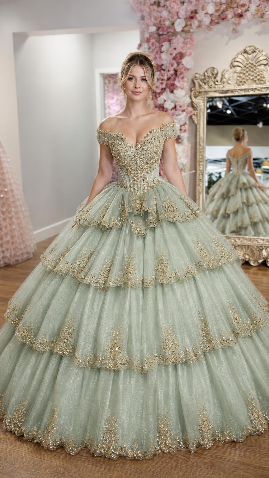 Front view of sage green ball gown variant