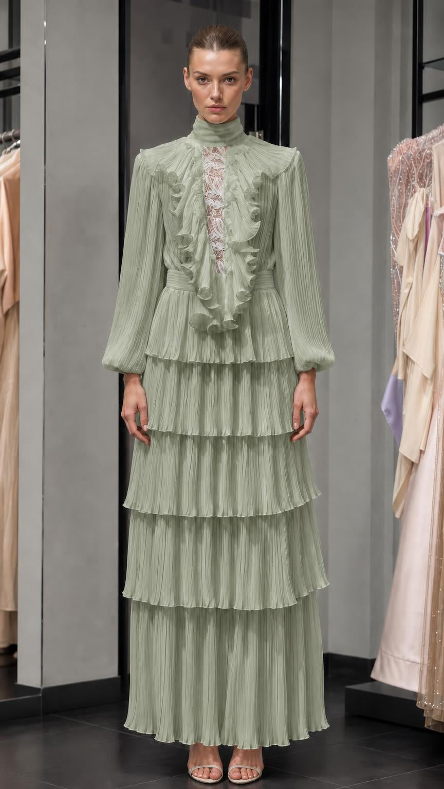 Front view of sage green pleated high-neck maxi dress with ruffles