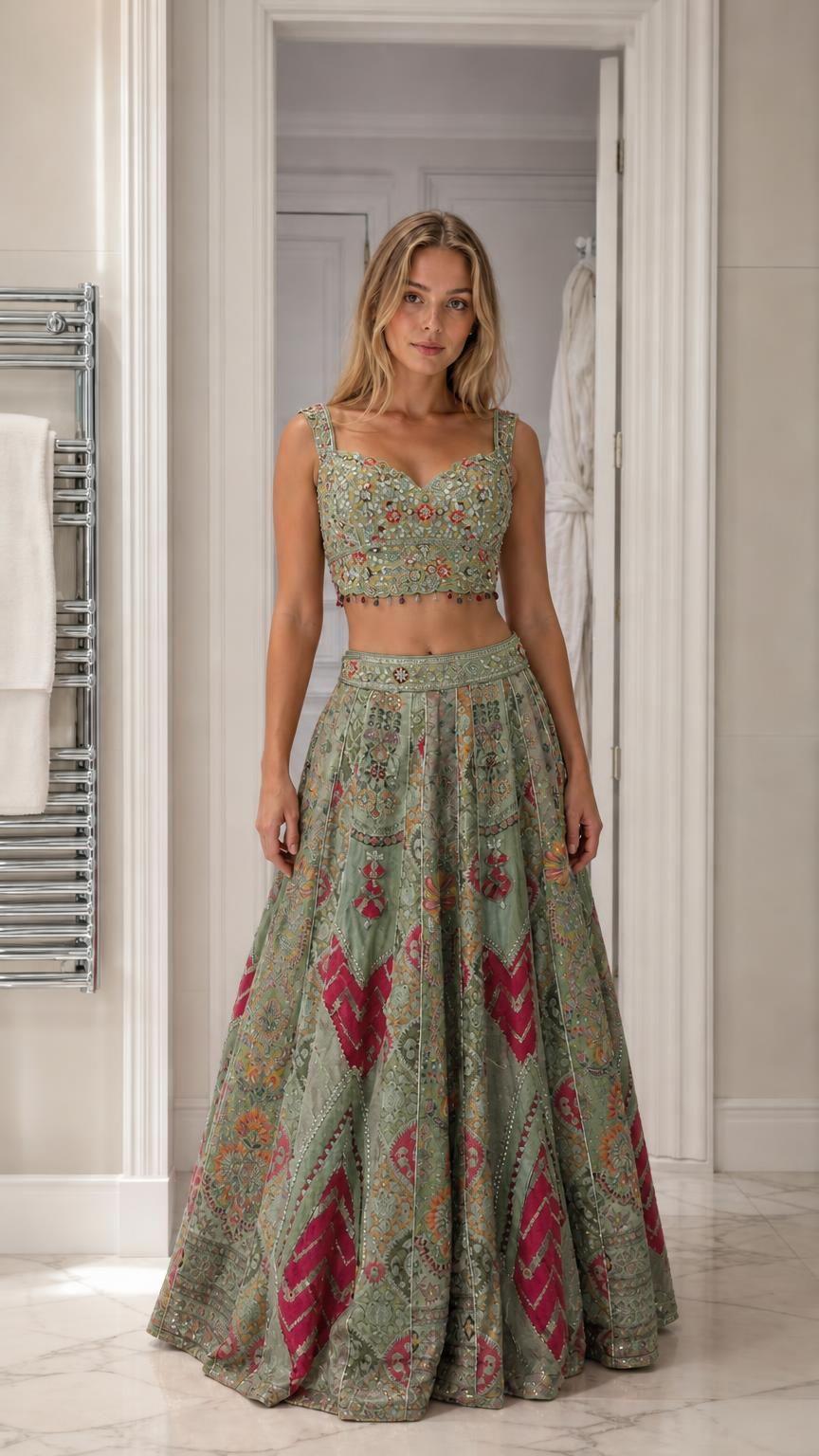 Woman wearing sage green embroidered crop top and lehenga skirt set