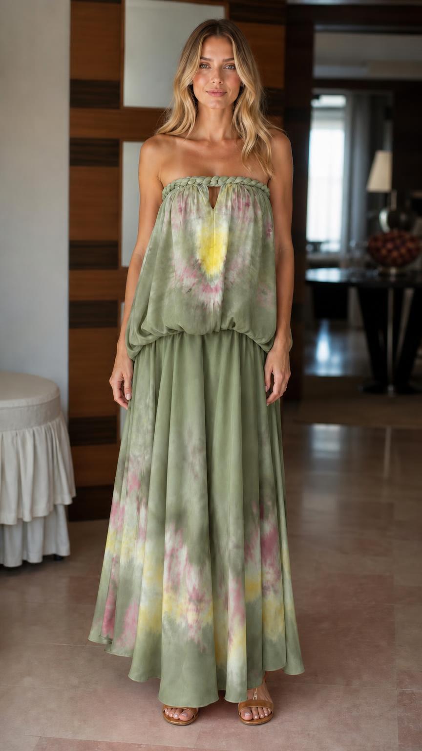 Model wearing sage green tie-dye strapless maxi dress