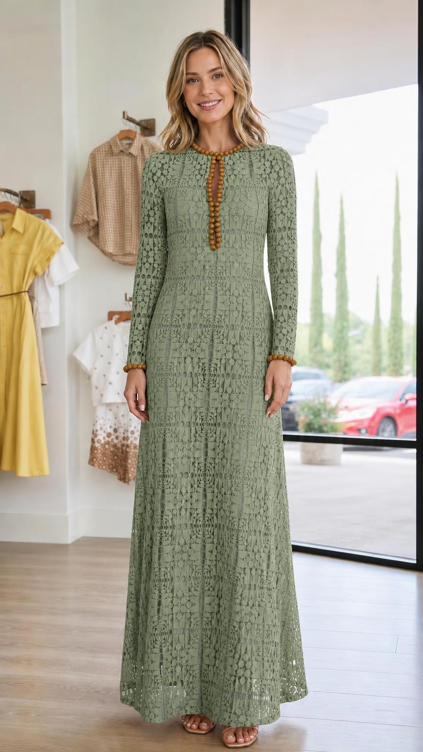 Front view of woman wearing sage green long-sleeve lace maxi dress