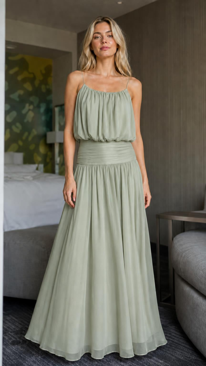 Front view of sage green maxi dress
