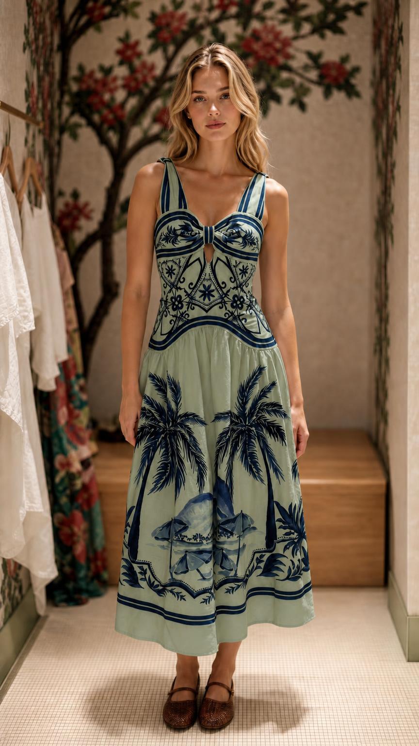 Woman wearing sage green variant of tropical print midi dress