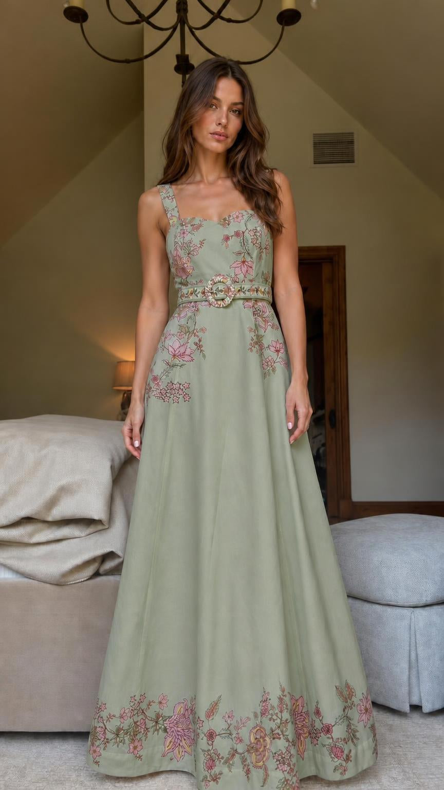 Sage color variant of floral embroidered maxi dress