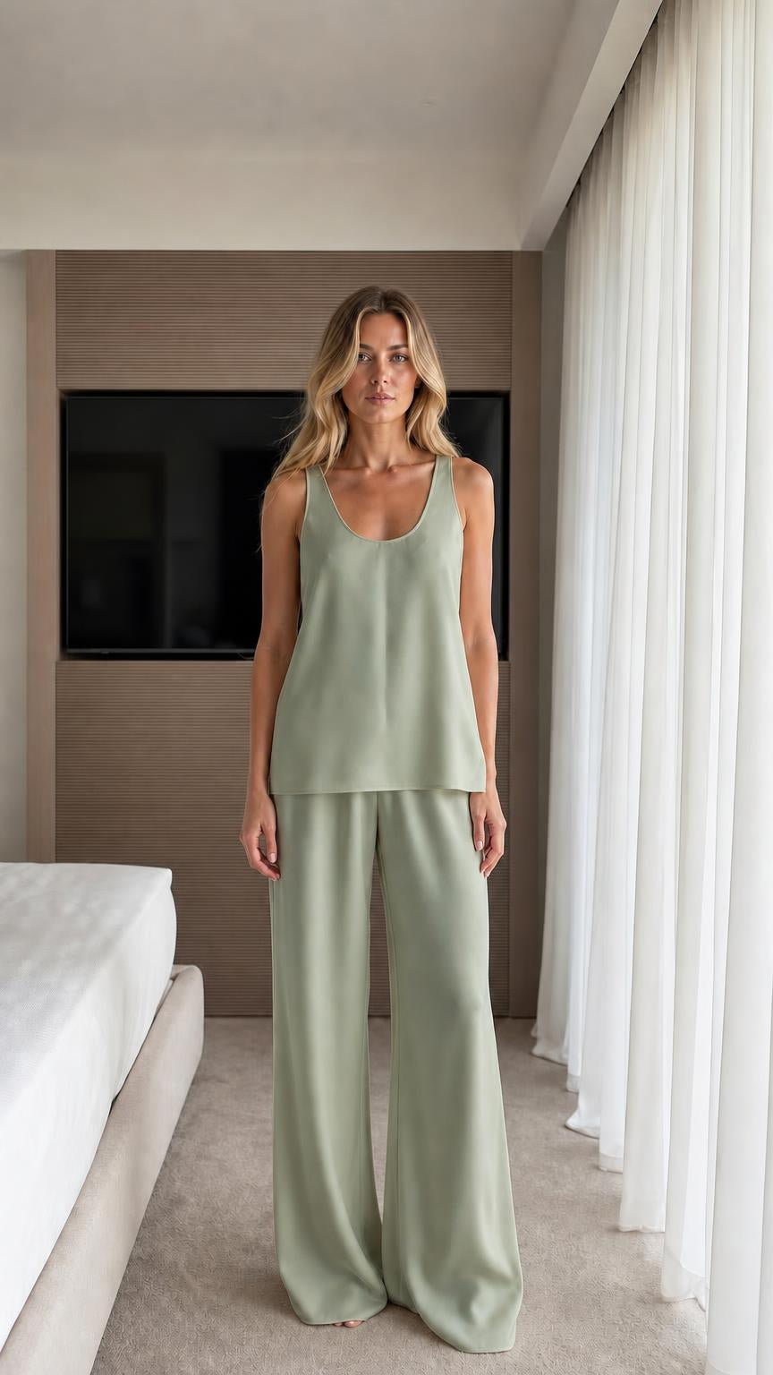 Front view of model wearing sage green lounge set