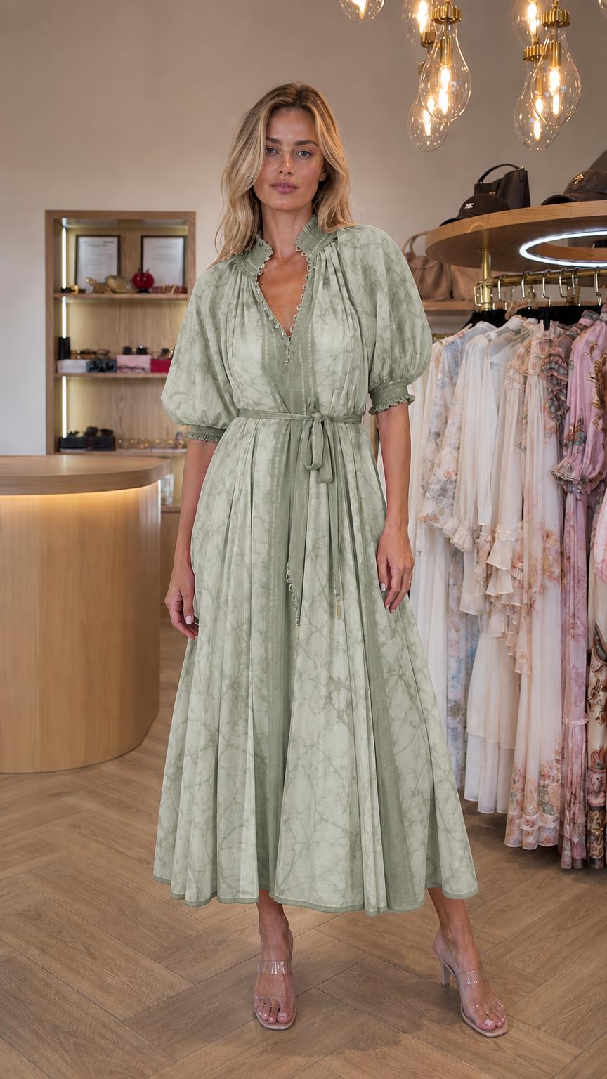 Front view of model wearing sage tie dye midi dress