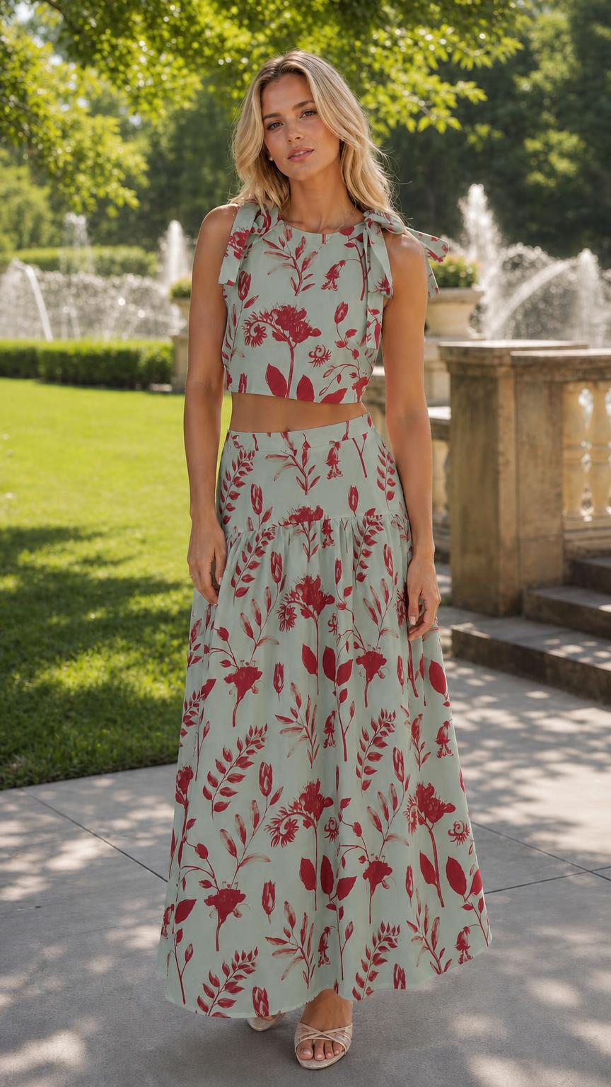 Woman wearing sage green floral two-piece set outdoors