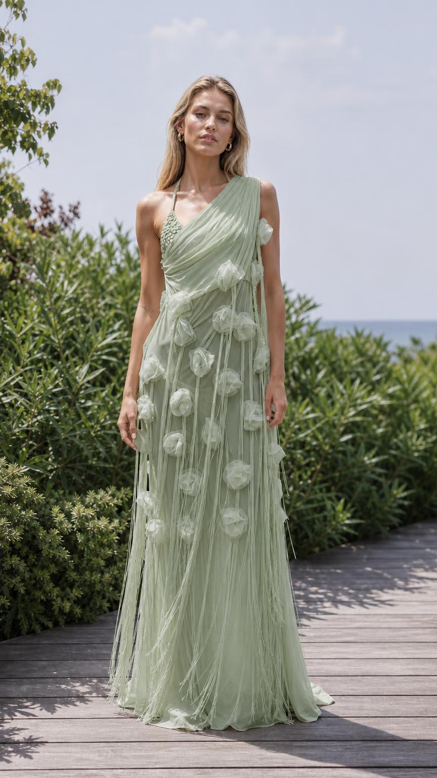 Front view of sage green one-shoulder floral applique maxi dress