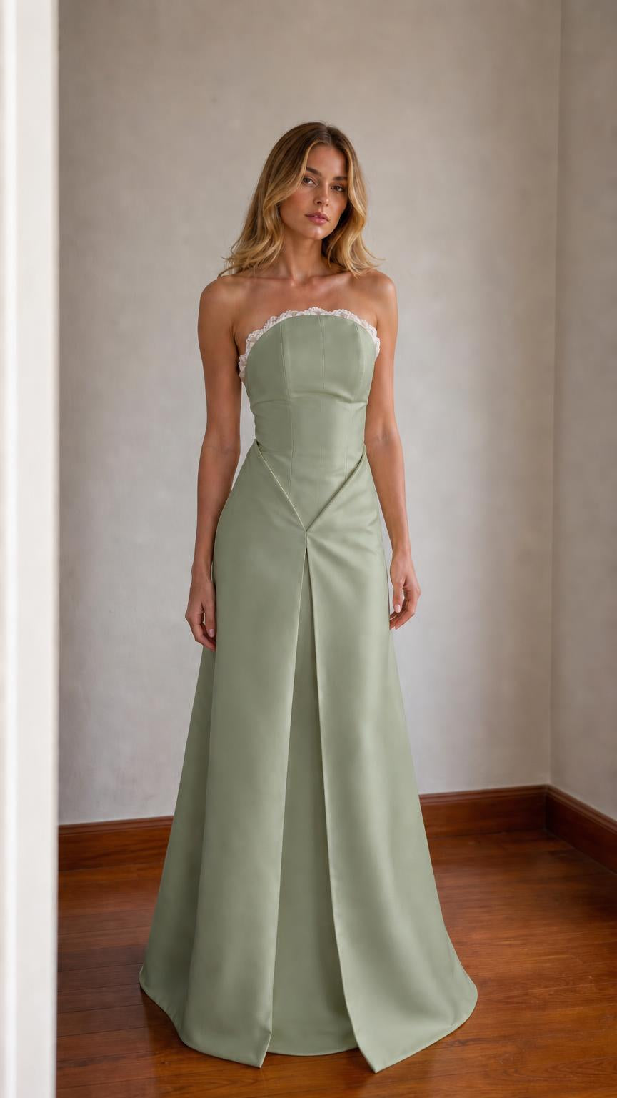 Elegance Strapless Lace Trim Satin Maxi Dress in sage