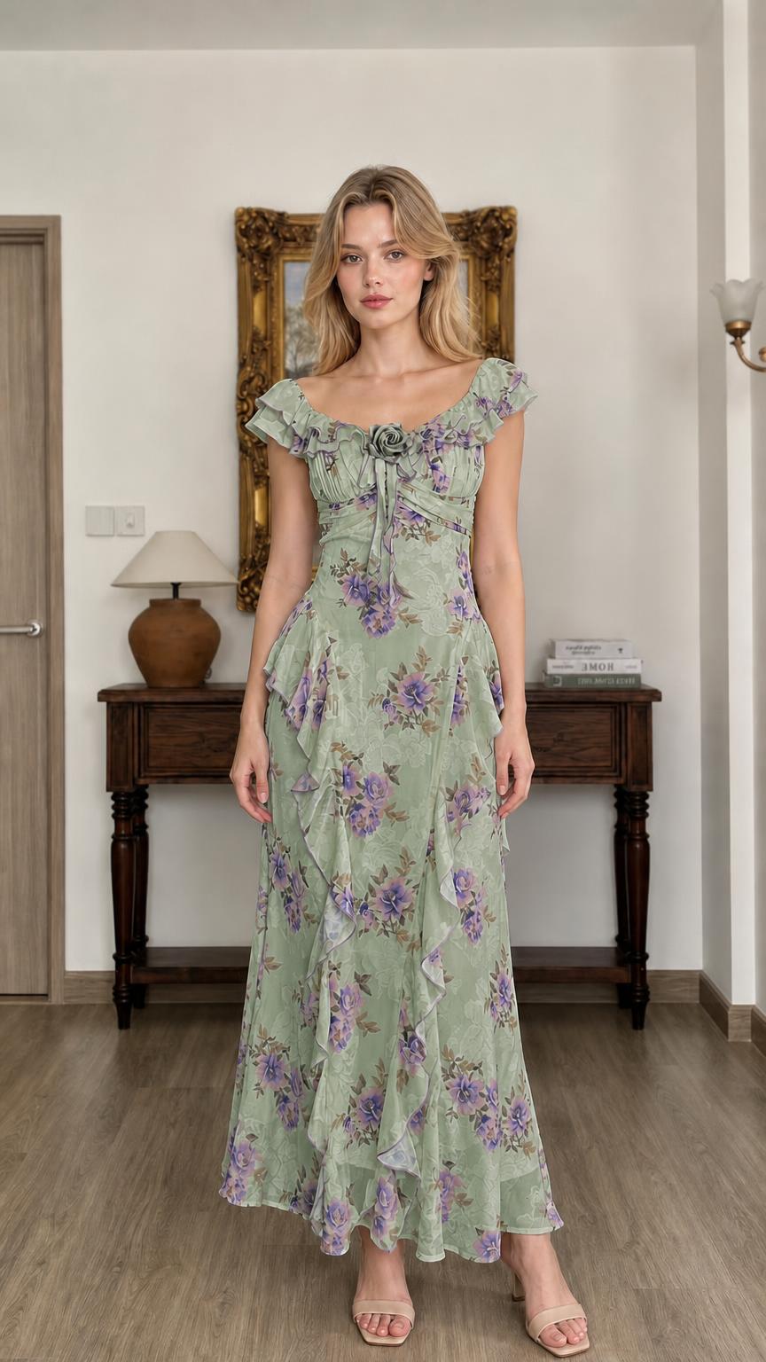 Floral Print Ruffled Maxi Dress in Sage Green