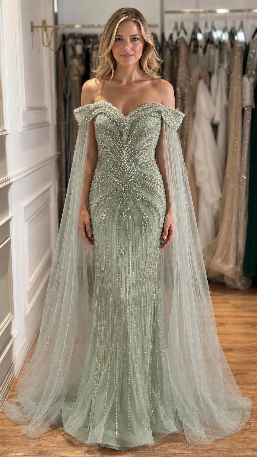 Sage green beaded mermaid evening gown with cape