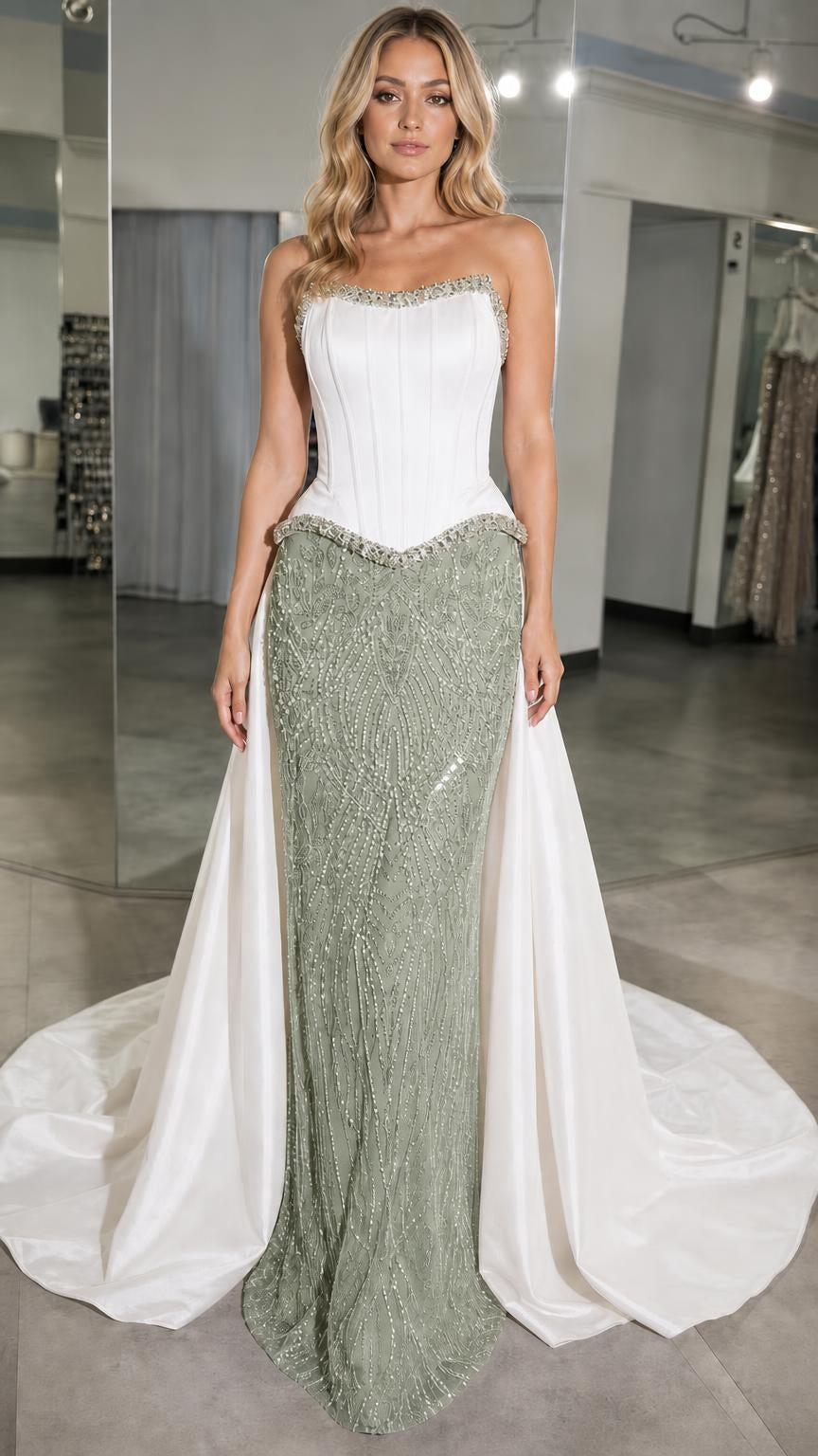 Sage green variant of the crystal corset gown