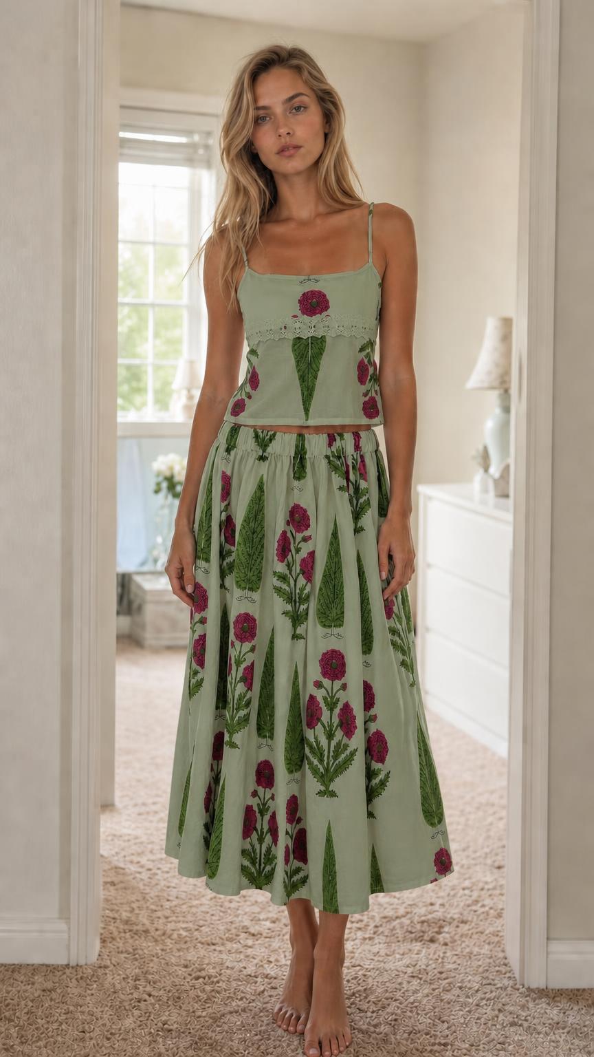 Woman wearing sage green floral print cami top and midi skirt set