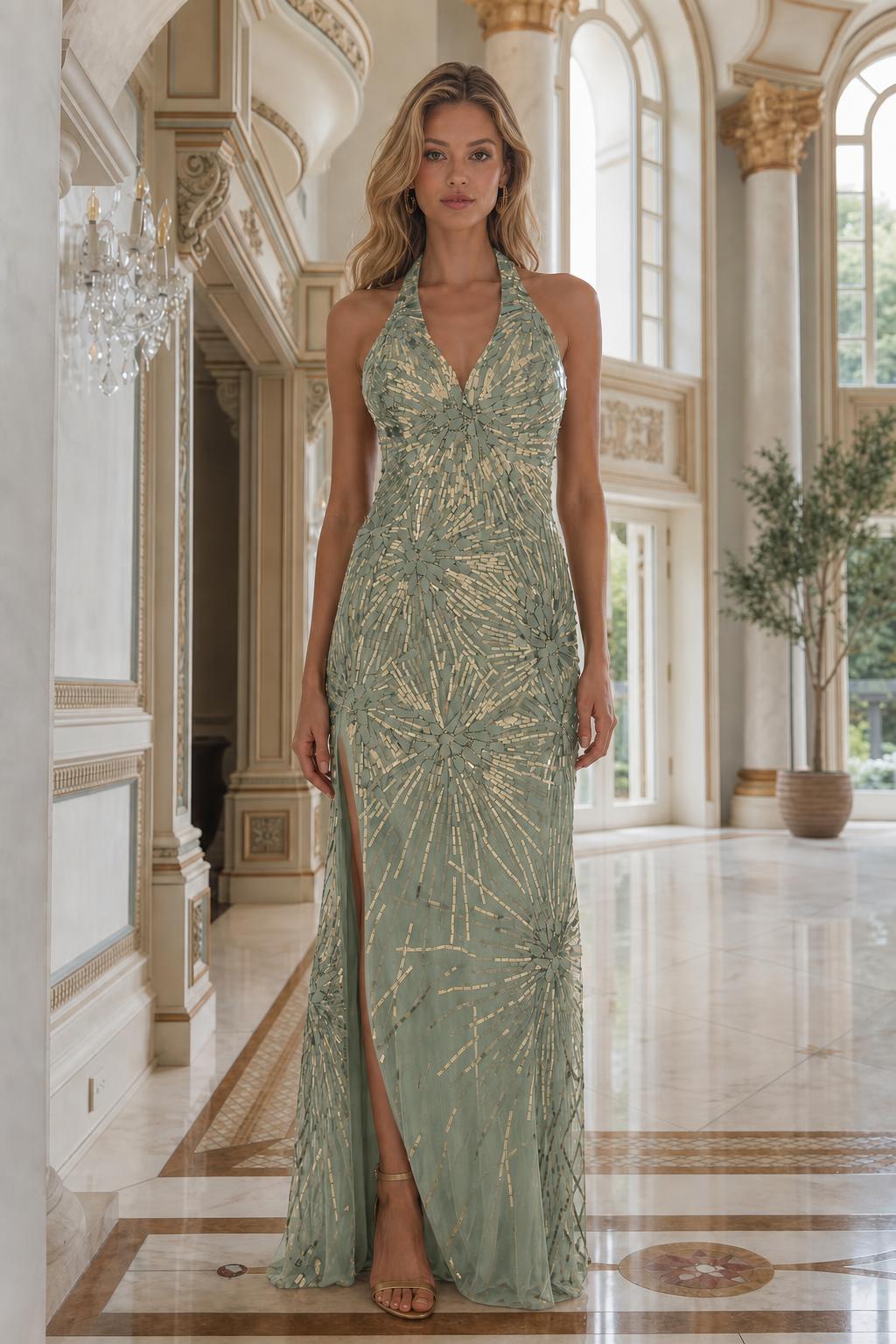 Front view of sage green beaded halter evening gown
