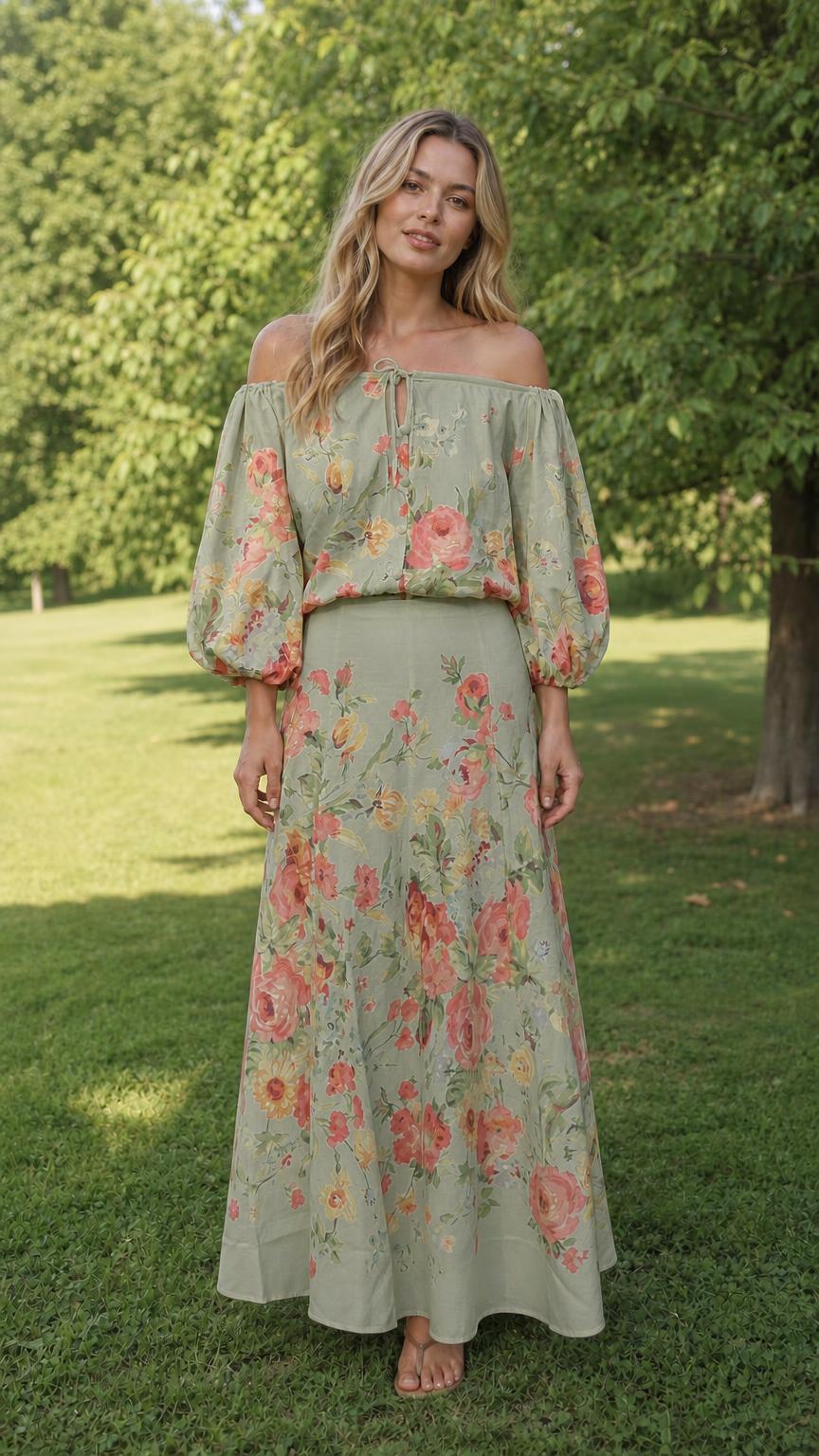 Front view of model wearing sage green floral off-the-shoulder maxi set