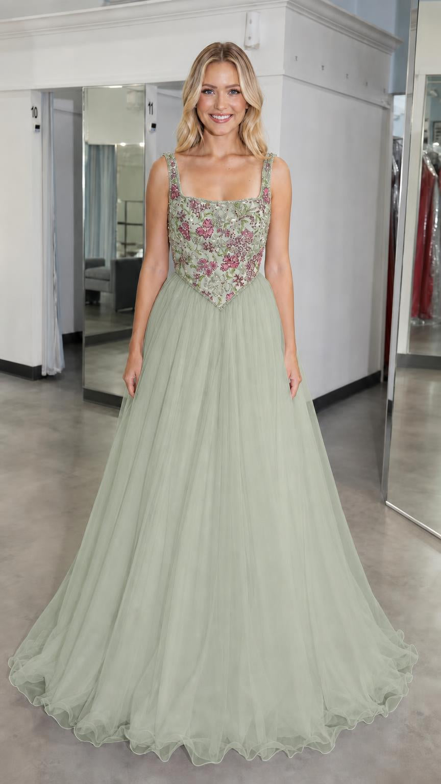 Front view of sage green embroidered bodice tulle ball gown