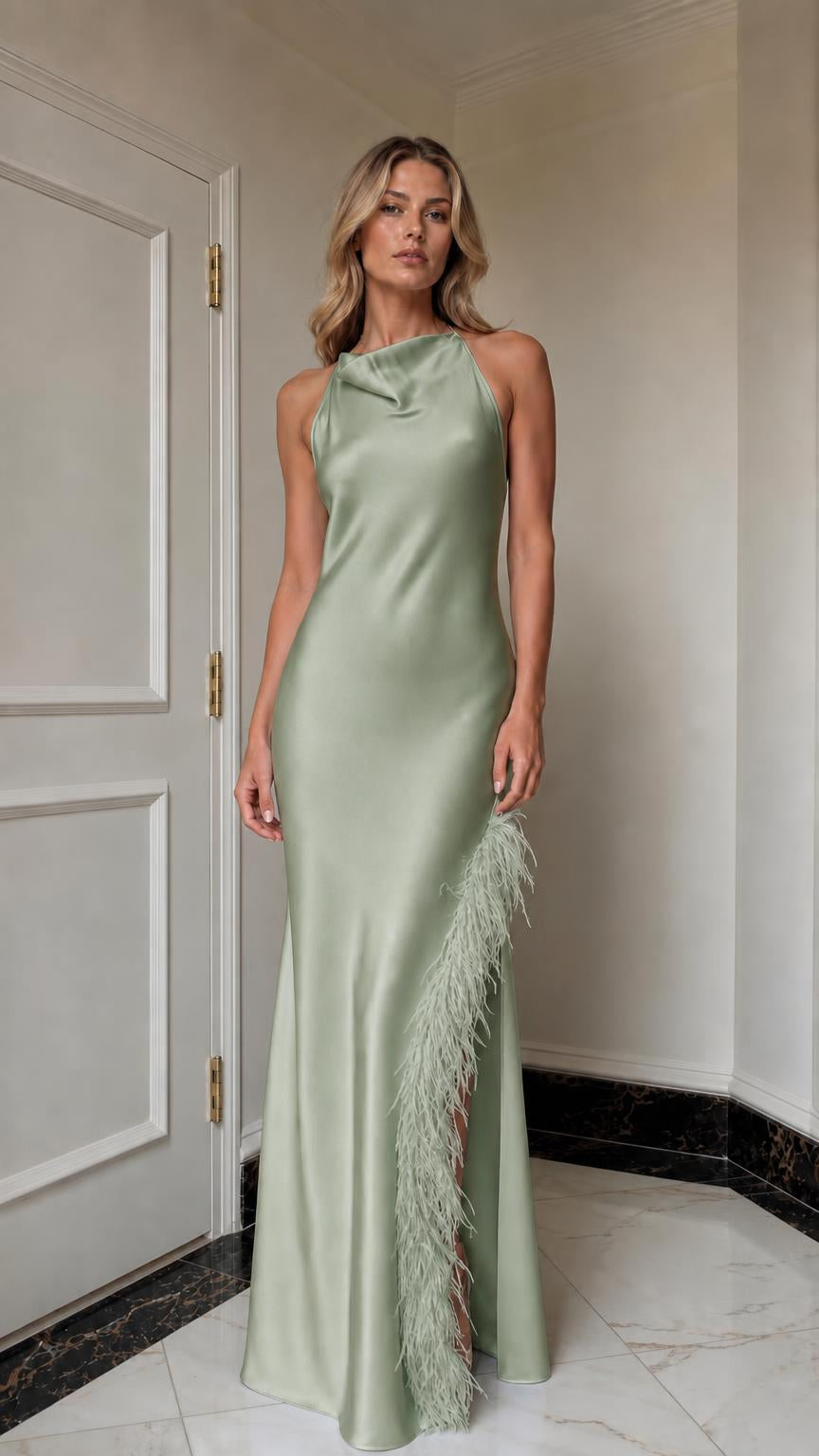 Sage green satin halter maxi dress with feather trim
