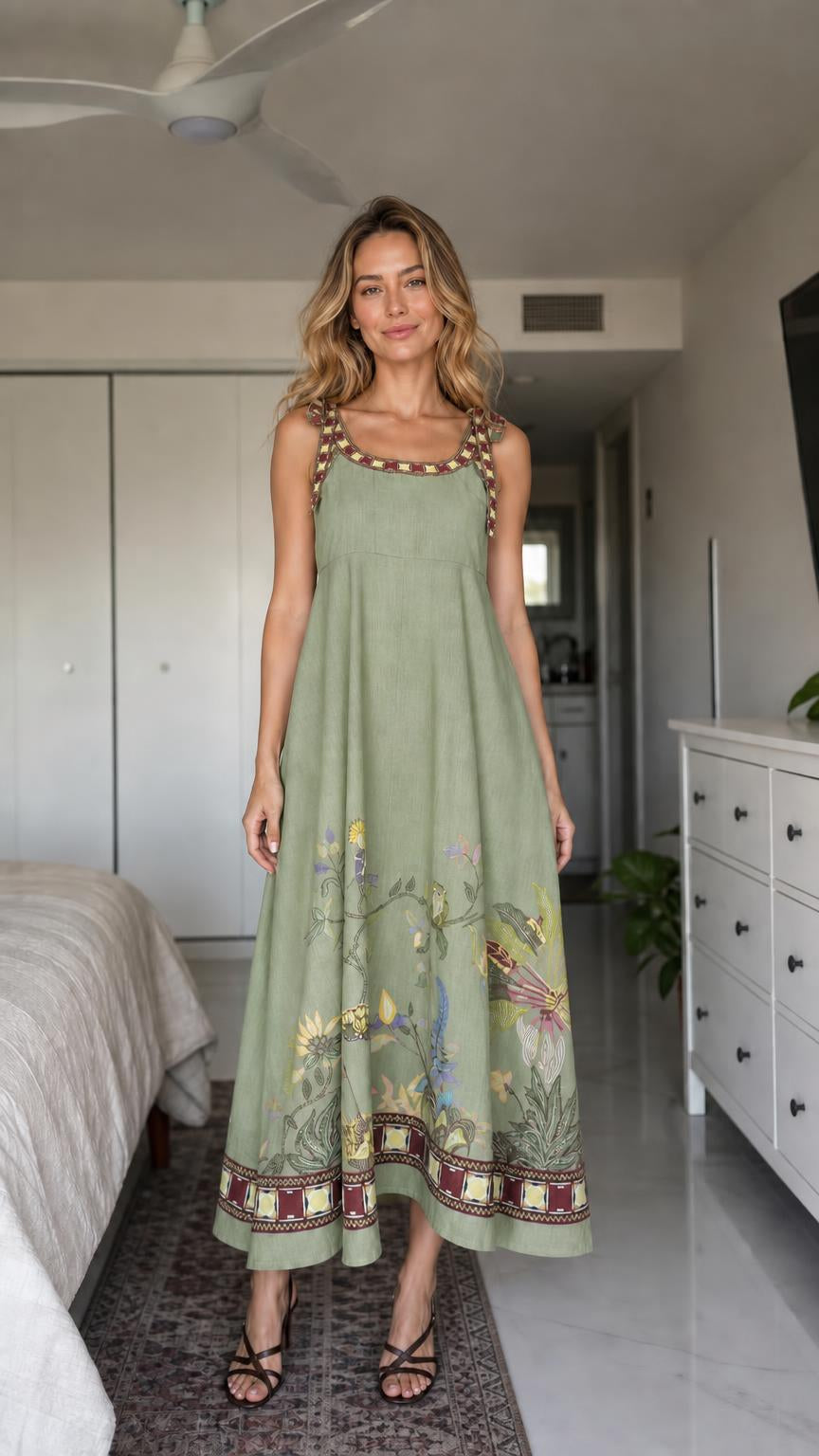 Woman wearing sage green boho floral embroidered maxi dress