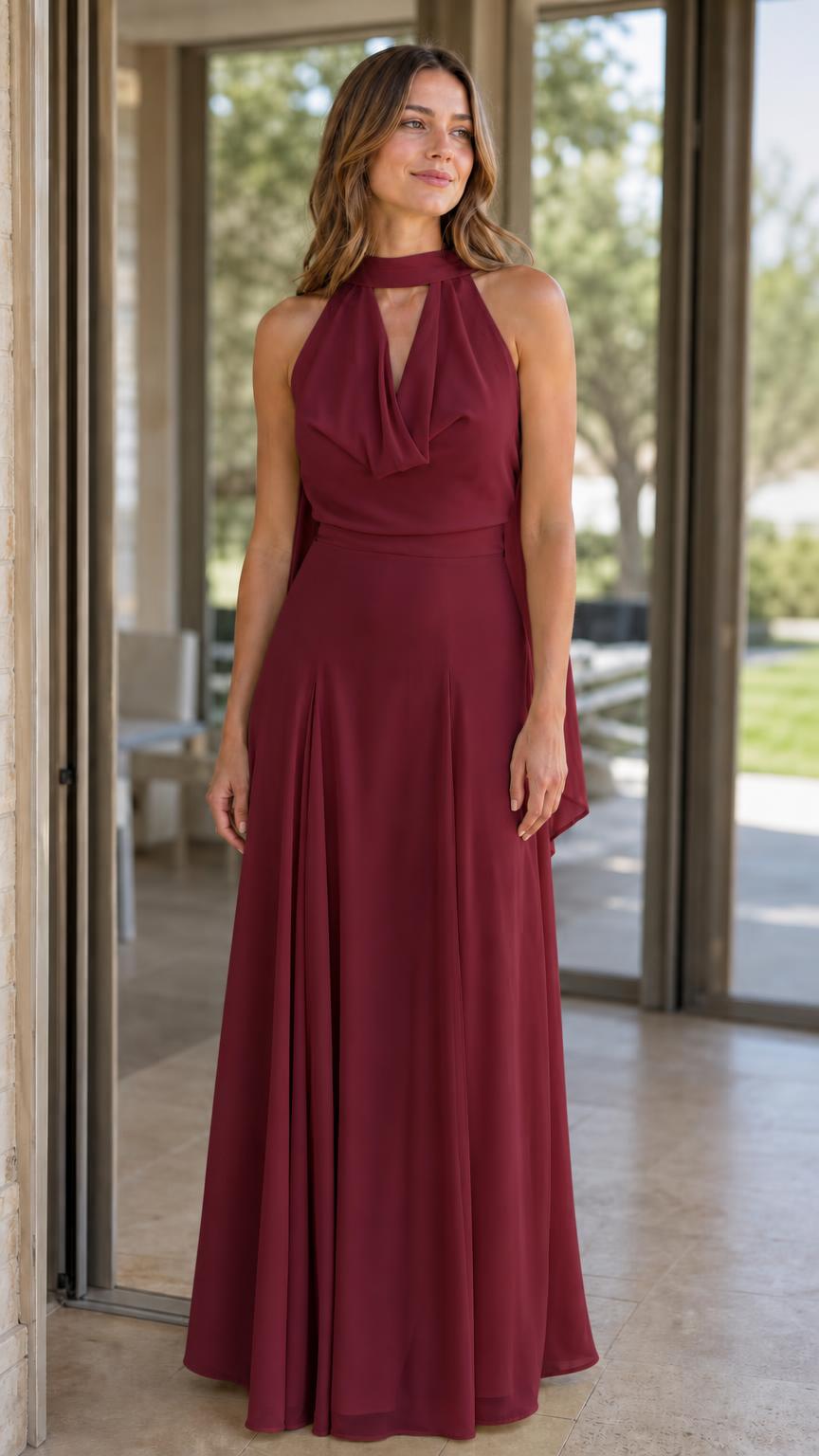 Model wearing burgundy variant of the halter maxi dress