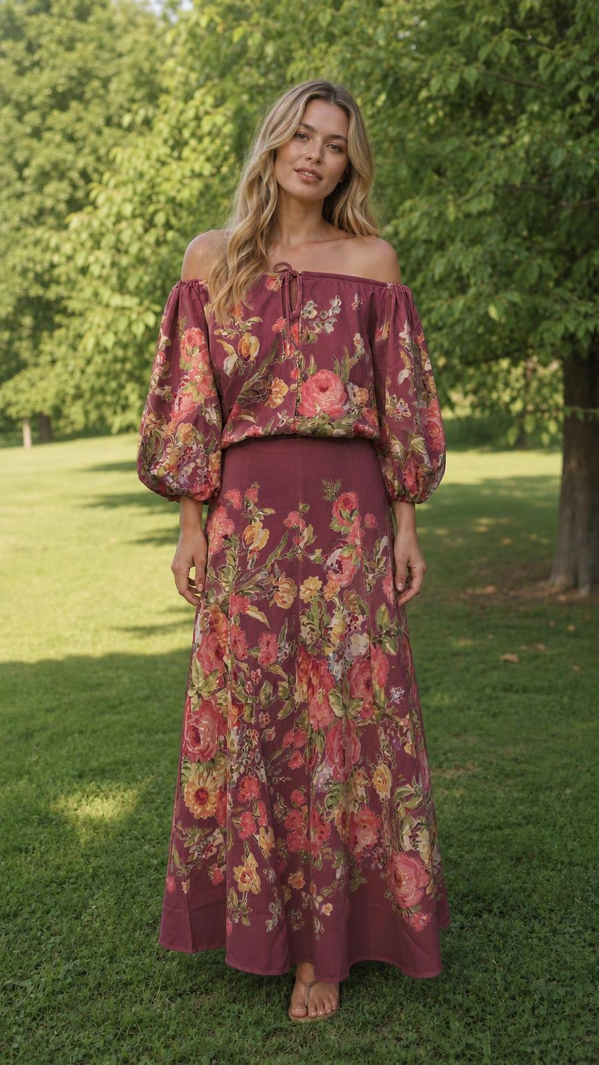 Front view of model wearing burgundy floral off-the-shoulder maxi set