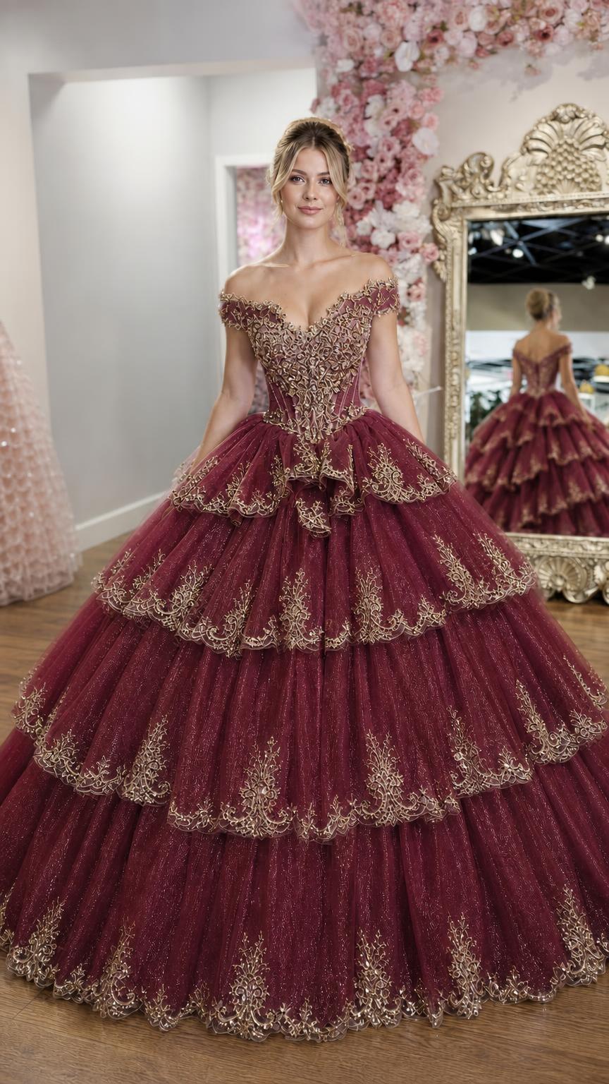 Front view of burgundy ball gown variant