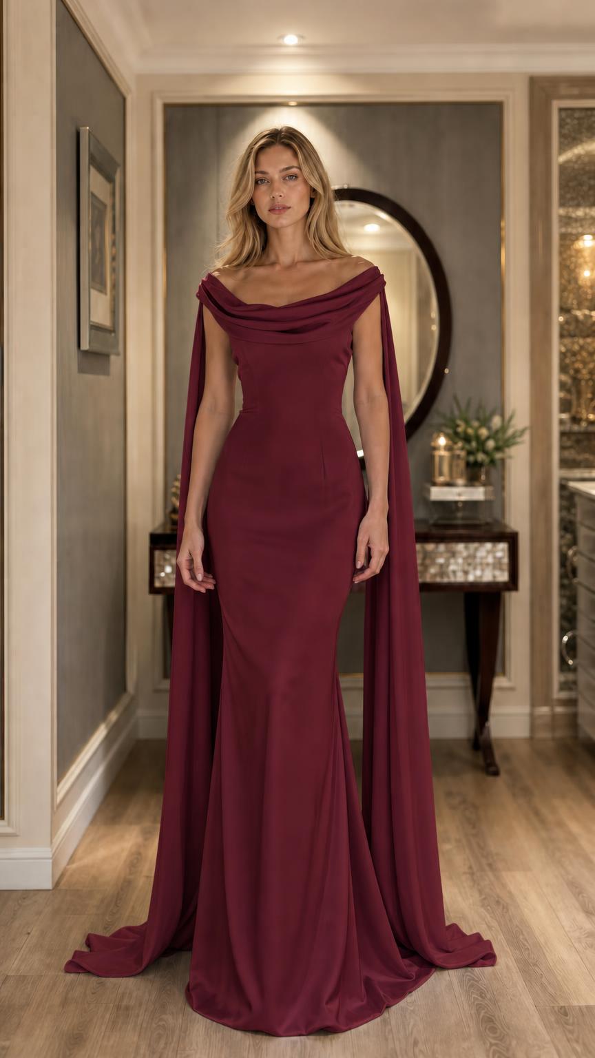 Burgundy evening dress with flowing cape on model
