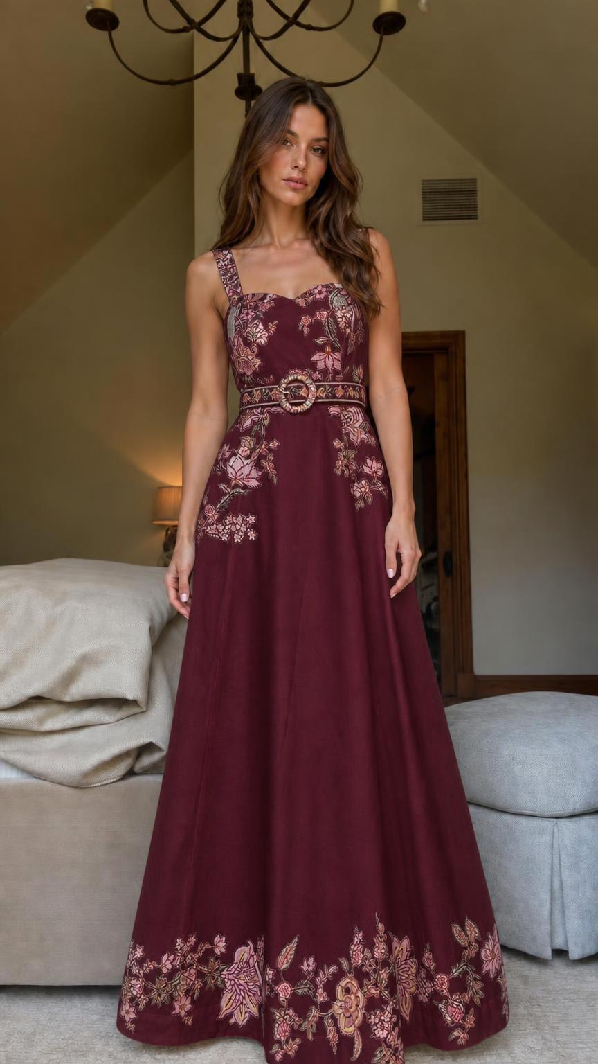 Burgundy color variant of floral embroidered maxi dress