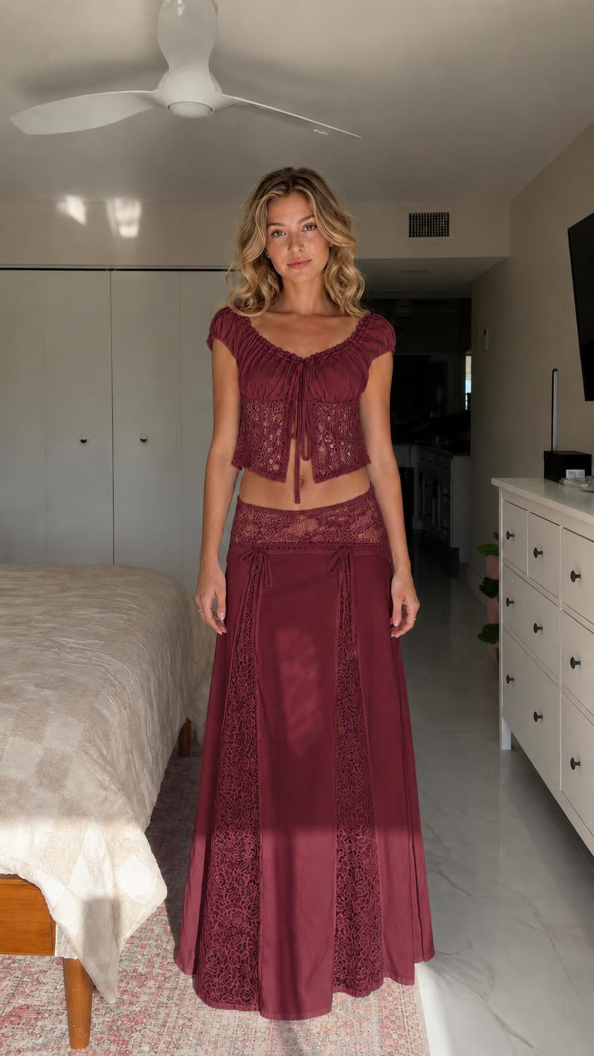 Model wearing burgundy color variant of two-piece set