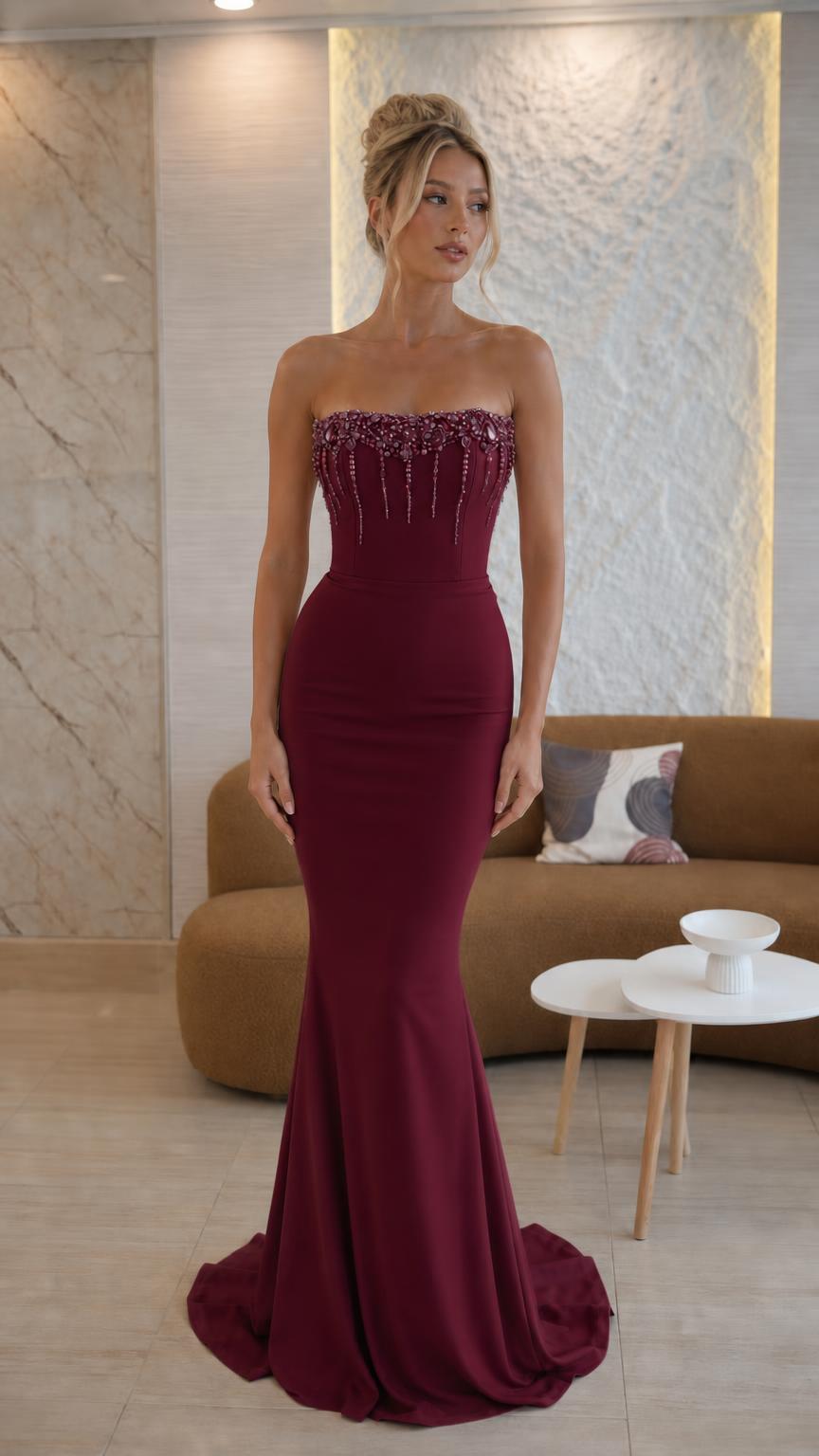 Front view of Burgundy evening dress variant