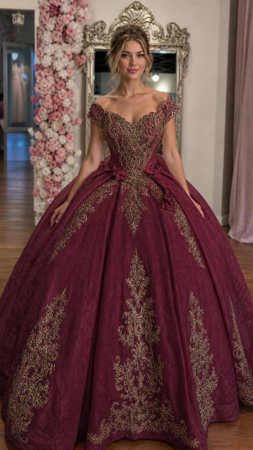 Front view of burgundy ballgown with gold embroidery