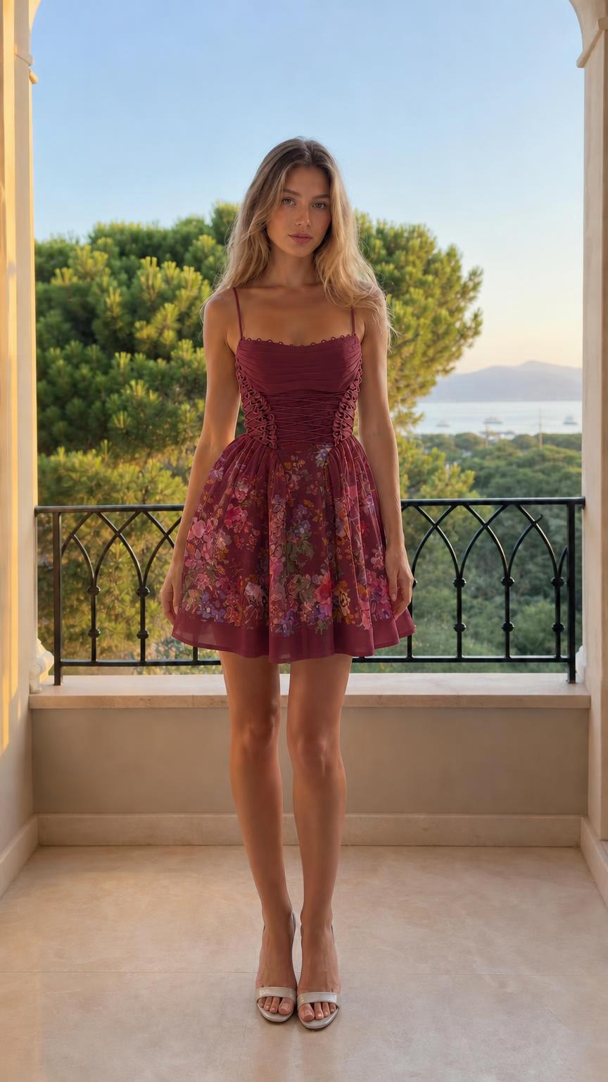 Model wearing burgundy floral print corset mini dress