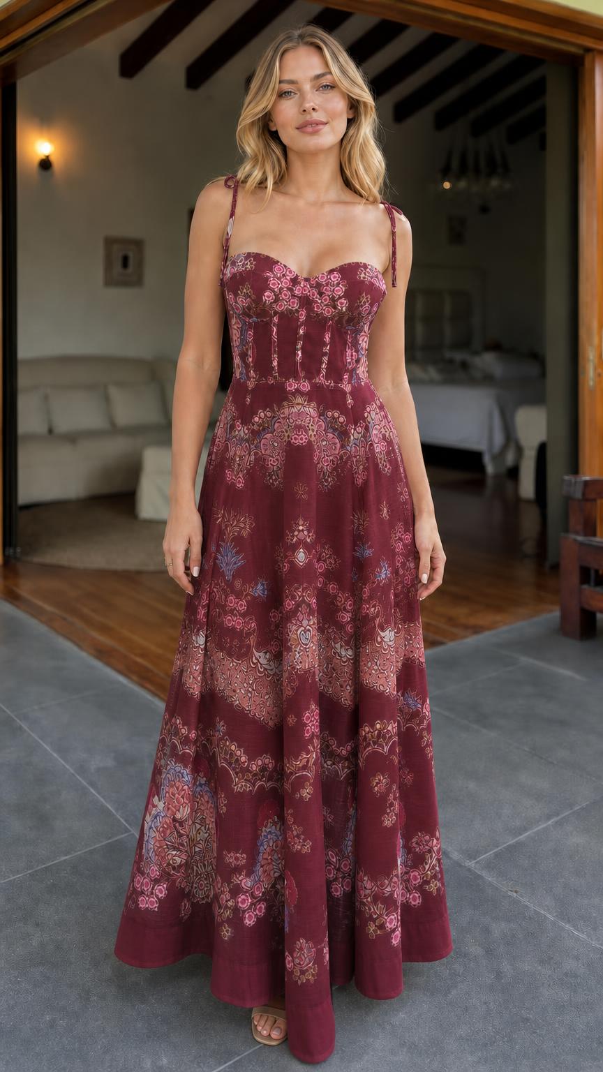 Model wearing burgundy floral print corset maxi dress