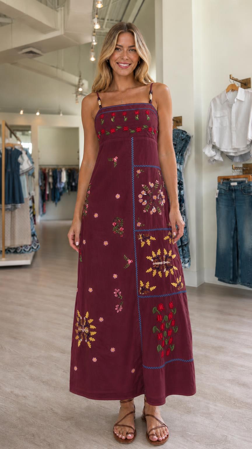 Front view of the burgundy floral embroidered maxi dress