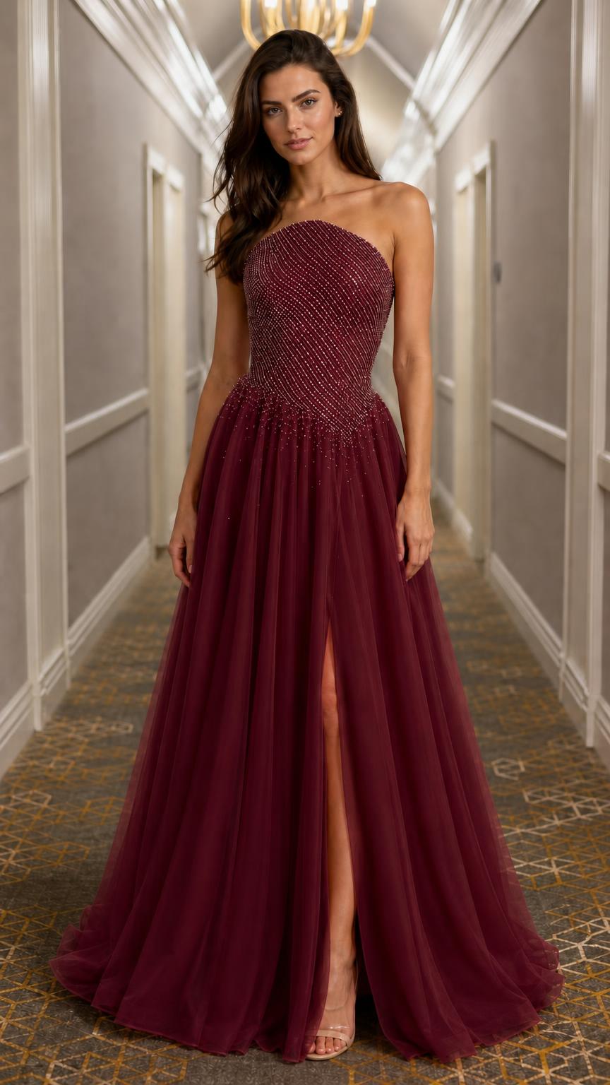 Front view of burgundy strapless evening gown