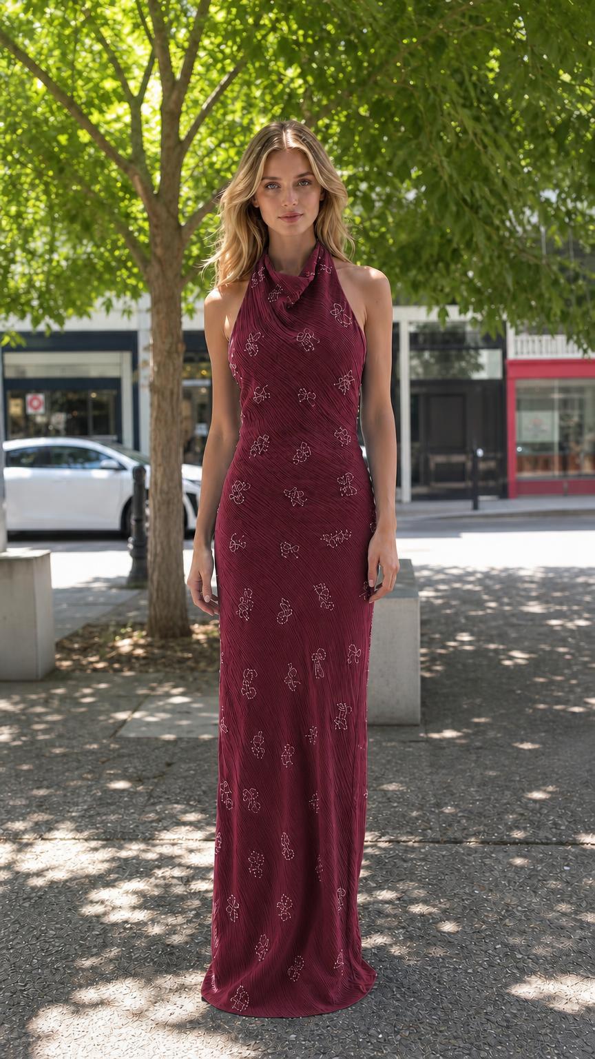 Front view of burgundy halter neck beaded maxi dress
