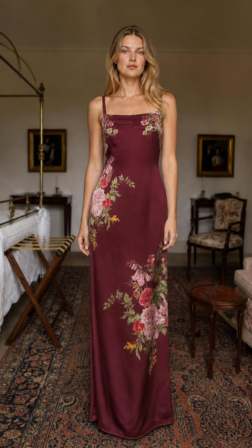 Model wearing burgundy floral satin maxi dress